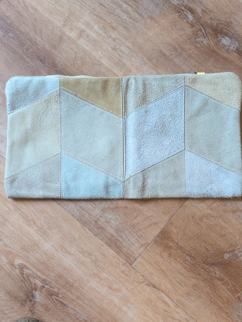 Suede Chevron Patchwork Clutch - Cream and Tan